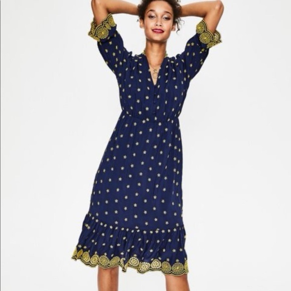 Boden Navy Midi Dress with Yellow Embroidered Trim